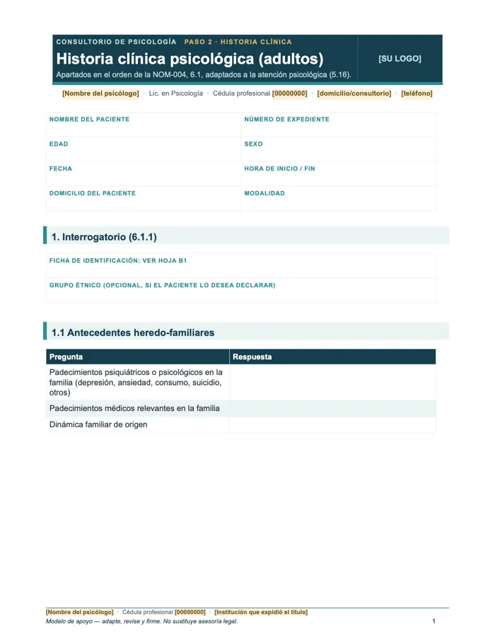 Historia clínica psicológica (adultos) (Word y PDF)