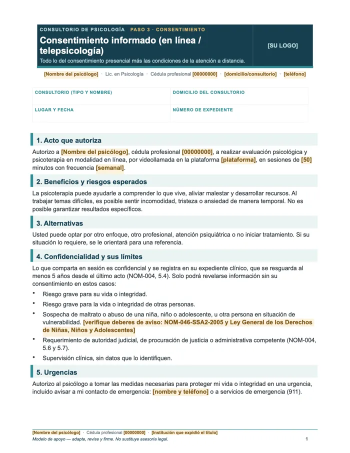 Consentimiento informado en línea (Word y PDF)
